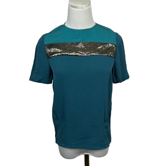 Diane Von Furstenberg Blouse Women Size 0 Silk Darla Colorblock Short Sleeve Top - Picture 1 of 15